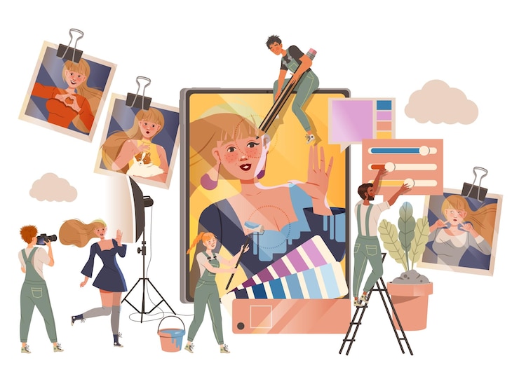 Vettore fotografo di persone in generale ritocco di fotografie con inchiostro e vernici illustrazione vettoriale