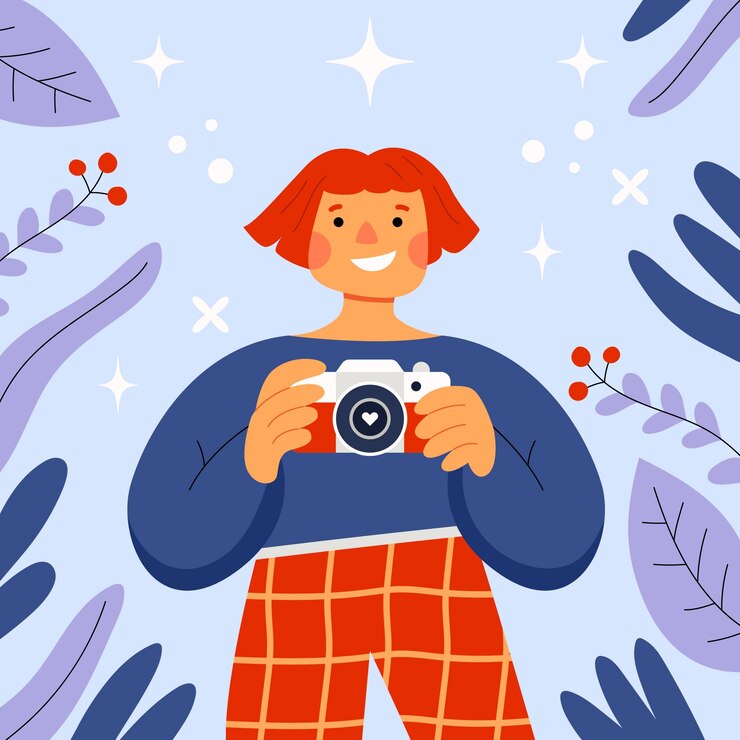 Vettore fotografo femminile sorridente dai capelli rossi che tiene una macchina fotografica