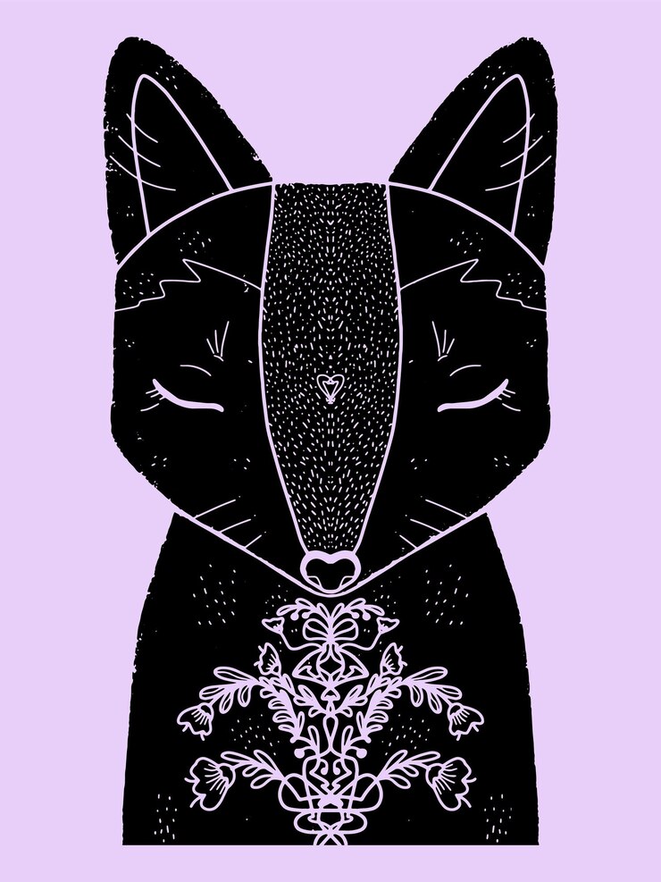 Vettore fox grunge texture elemento nero illustrazione in stile linocut folk art stile scandinavo elemento per il design