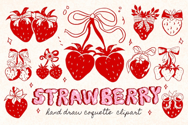 Vettore fragola con arco coquette clipart carino y2k coquette arco estetico arco clipart artigianato arco