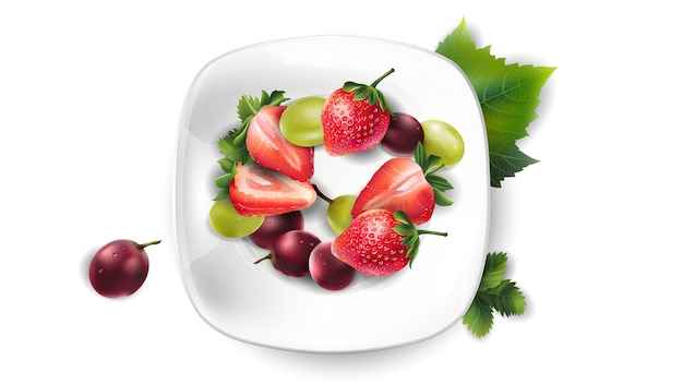 Fragola ed uva su una zolla bianca.