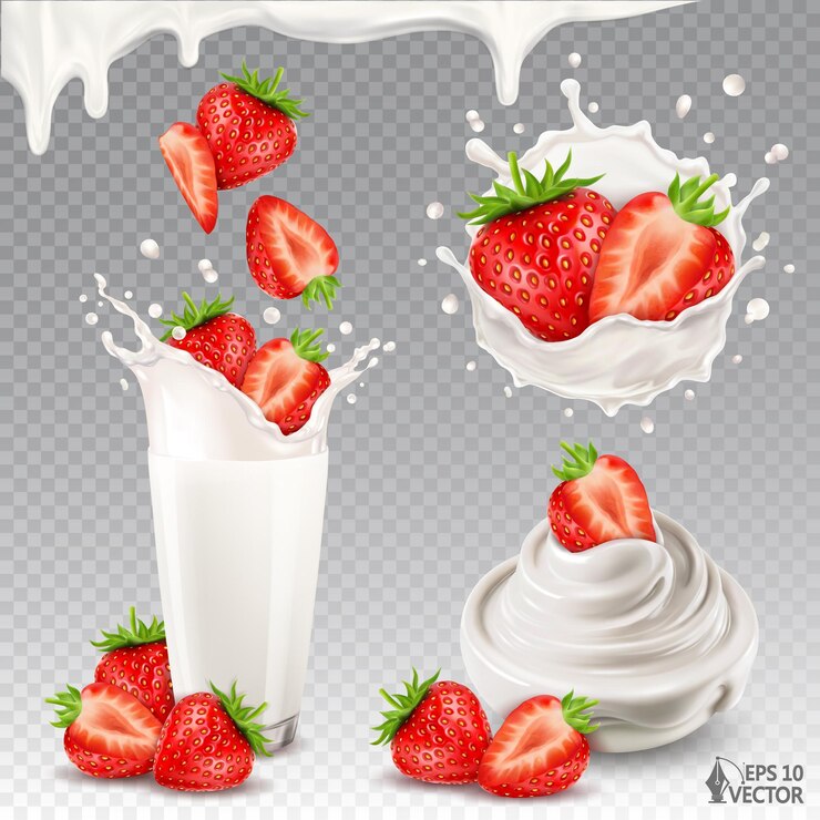 Vettore fragola vettoriale realistica in spruzzi di latte ciotola di yogurt bacche mature che cadono in un bicchiere di latte