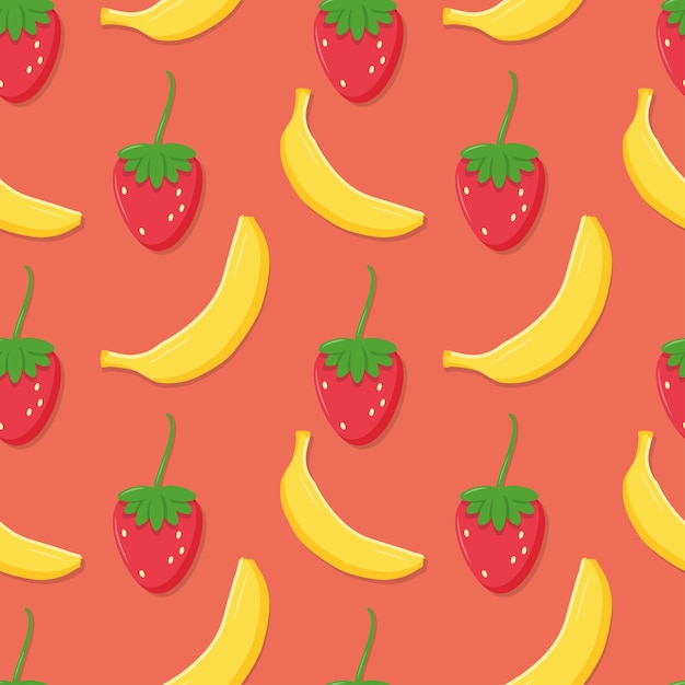 Fragole e banane sul modello rosso senza cuciture Illustrazione vettoriale