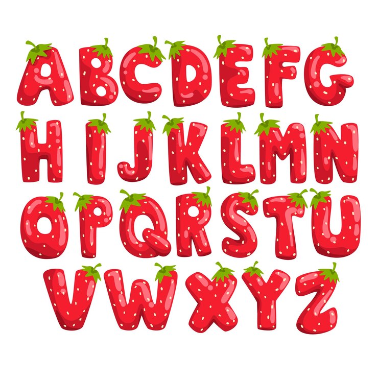 Vettore fragole fresche mature alfabeto inglese caratteri vettoriali rossi brillanti illustrazioni isolate su uno sfondo bianco