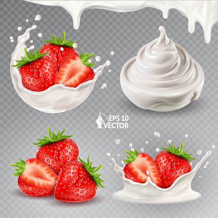 Vettore fragole mature vettoriali realistiche in una spruzzata di latte o yogurt ciotola di yogurt naturale set isolato 3d