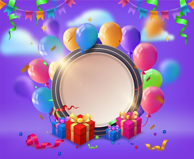 Frame di compleanno con palloncini colorati e confetti isolati Illustrazione di rendering 3D