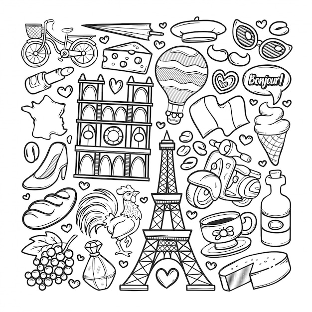 Francia Disegnata a mano Doodle da colorare