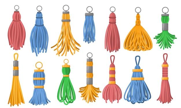 Frangia della nappa Moda borsa a filo spazzola gingillo in pelle e nappe isolate vettore set di accessori moda nappa spazzola illustrazione isolata