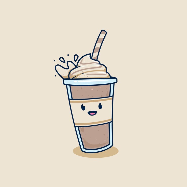 Vettore frappè al cioccolato che cade felice in tazza da asporto con illustrazione di guarnizione di panna montata fatta cadere con caffè frappè spruzzata in personaggio dei cartoni animati della mascotte dell'illustrazione della tazza di plastica