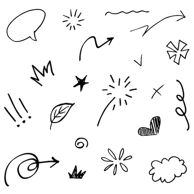 Frecce astratte nastri cuori stelle corone e altri elementi in uno stile disegnato a mano per disegni concettuali Illustrazione di scarabocchio Illustrazione vettoriale
