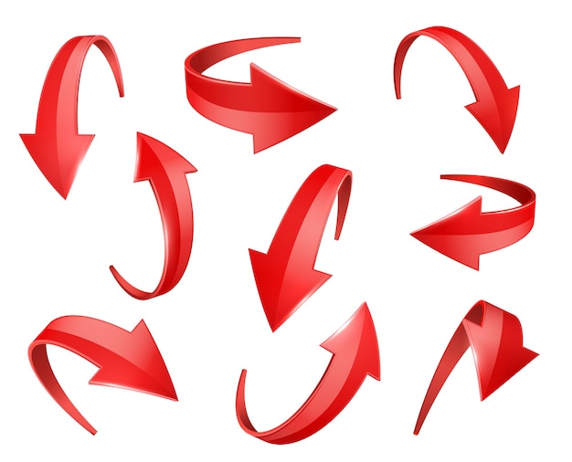 Frecce curve 3D lucide rosse realistiche in varie posizioni e angoli Puntatori rossi per set vettoriale 3D di presentazionexDxARrealistico