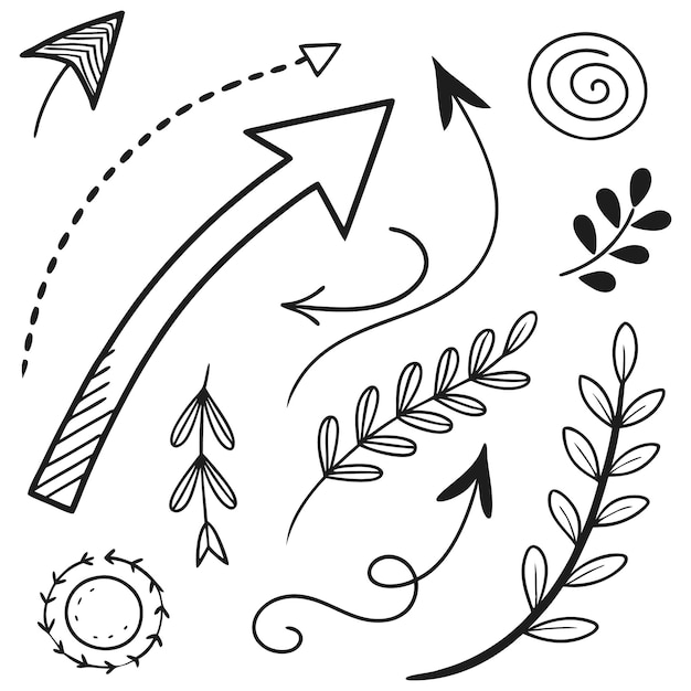 Frecce disegnate a mano e Doodles astratti Linea artistica in bianco e nero con linee curve