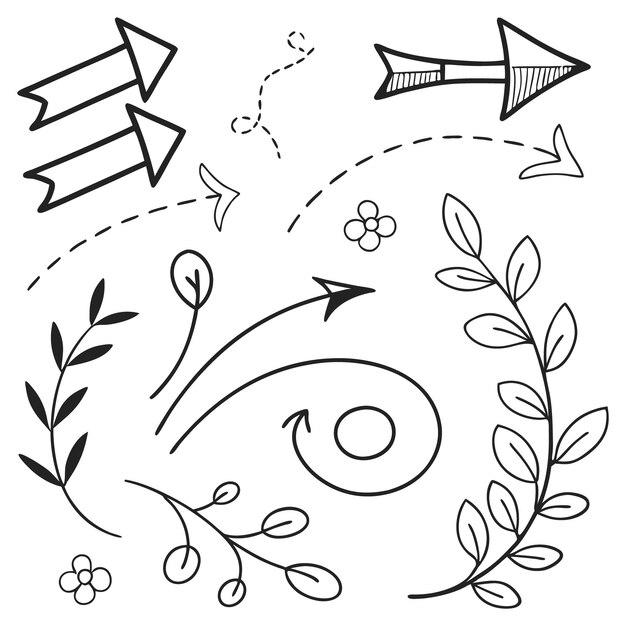 Frecce disegnate a mano e Doodles astratti Linea artistica in bianco e nero con linee curve