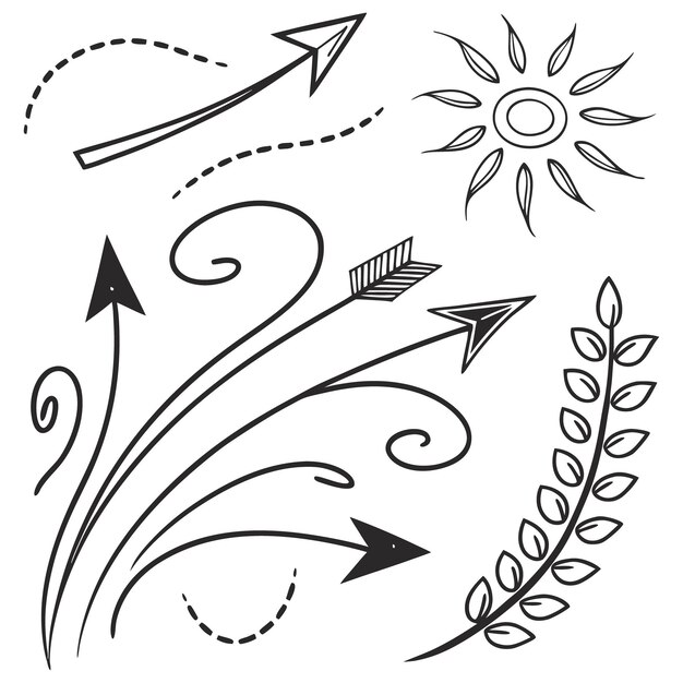Frecce disegnate a mano e Doodles astratti Linea artistica in bianco e nero con linee curve