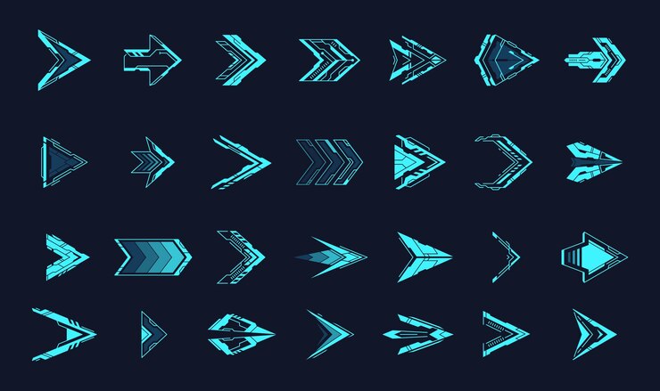 Vettore frecce hud freccia scifi ologramma o puntatori triangolari di luce futuristici cursore di movimento direzionale digitale neon cyberpunk gioco ui orientamento simbolo sgargiante illustrazione vettoriale