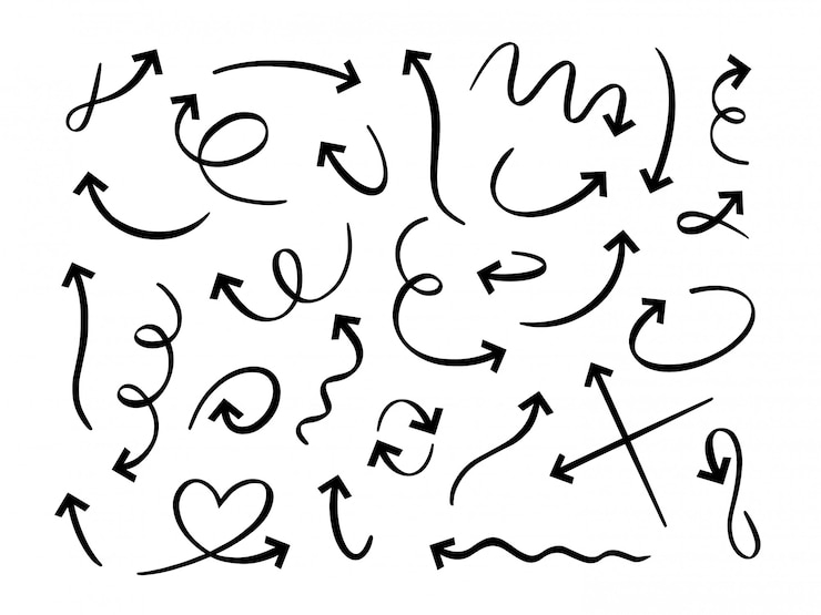 Vettore frecce nere disegnate a mano. freccia di scarabocchio curva, linea di puntatore schizzo e set di doodle. segnale di navigazione tondo e contorto. la punta di freccia della direzione, icone lineari del puntatore di movimento imballa su fondo bianco