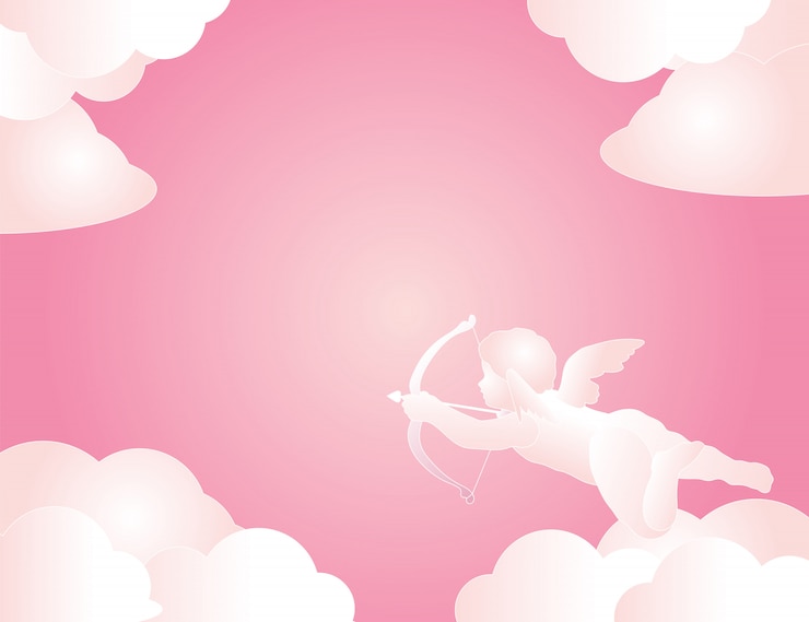 Vettore freccia sveglia della tenuta del cupido con le nuvole su fondo rosa per il giorno di biglietti di s. valentino