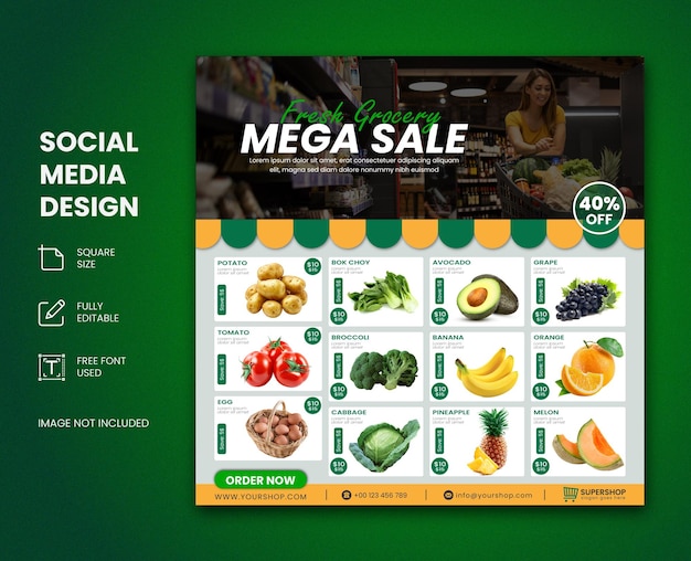 Fresh Grocery Mega Sale Design per i social media