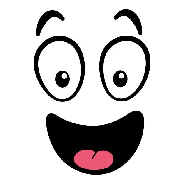 Fronte del fumetto. Occhi e bocca espressivi, espressione del viso del personaggio sorridente, piangente e sorpreso. Emozione comica di caricatura o doodle di emoticon. Icona illustrazione vettoriale isolato