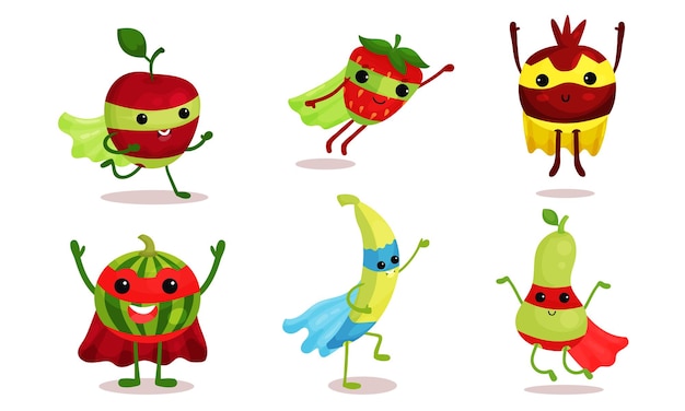 Fruti animati di diversi colori vivaci ciliegina dolce fragola anguria granato banana pera in mantelli di supereroi illustrazione vettoriale set personaggio di cartone animato sullo sfondo bianco isolato