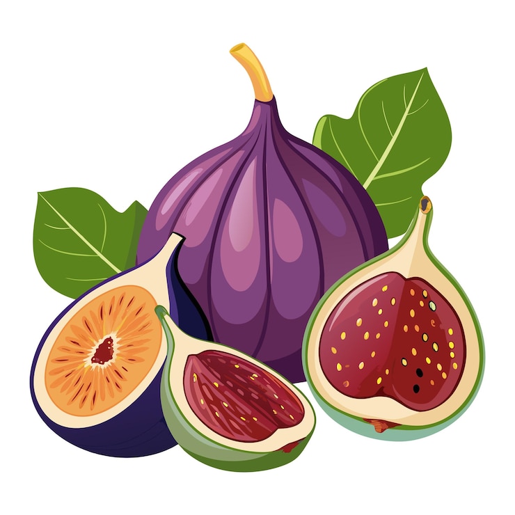 Vettore frutta di figo fresca con illustrazioni vettoriali di foglie verdi