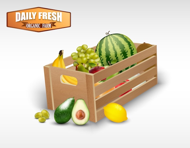Frutta fresca in casse di legno su uno sfondo bianco