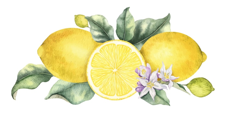Vettore frutta intera di limone fetta di limoni fiori e foglie illustrazione ad acquerello disegnata a mano isolata