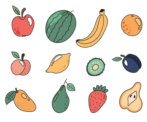 Frutta linea arte doodle stile cibo piatto isolato concept set collezione design elemento grafico