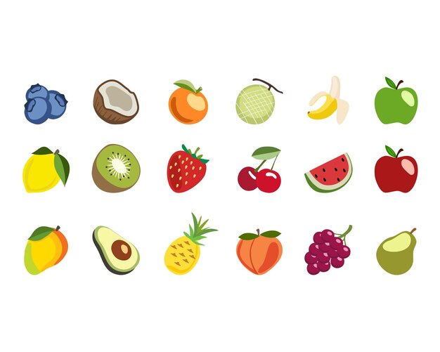 Frutta mela banana melone arancione cocco mirtillo anguria ciliegio fragola kiwi limone pera uva