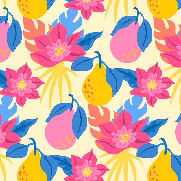 Frutta piatta disegnata a mano e motivo floreale
