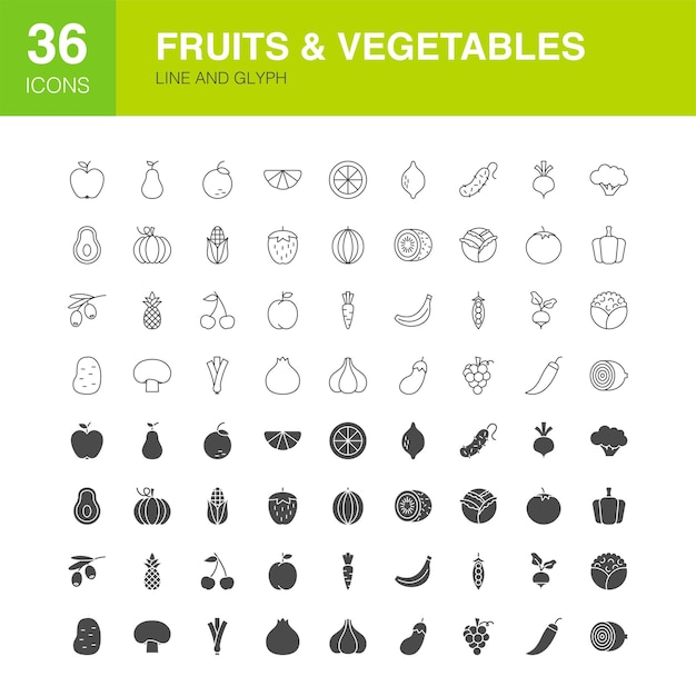 Frutta Verdura Linea Web Glifo Icone. Illustrazione vettoriale di cibo natura contorno e simboli solidi.