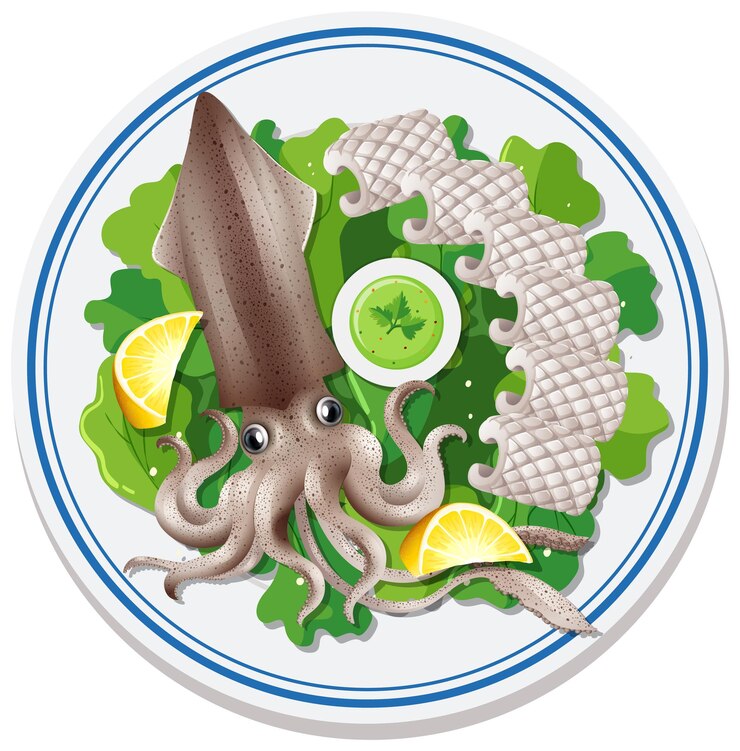 Vettore frutti di mare mescolati con calamari e limone