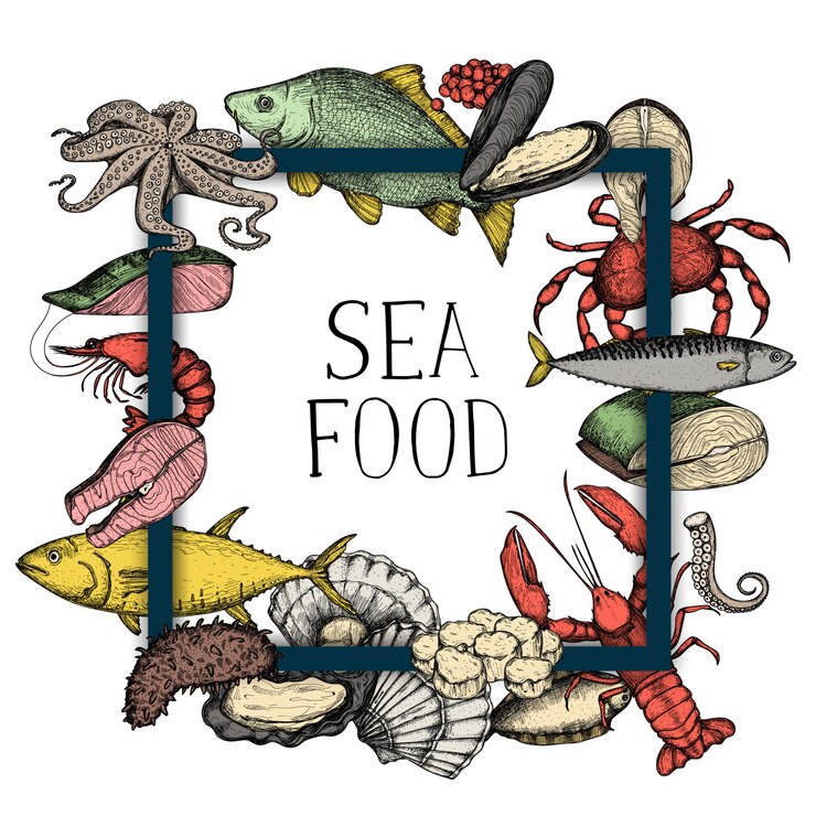 Vettore frutti di mare vintage disegnati a mano sullo sfondo