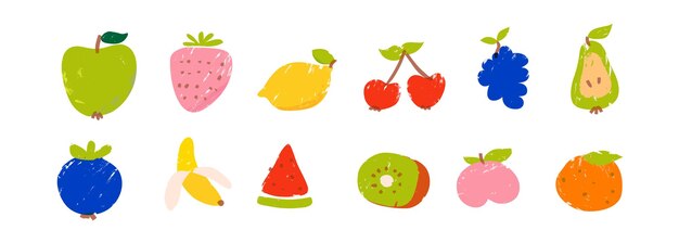 Frutti e bacche carini e alla moda disegnati con un pennarello nello stile di un bambino che disegna un pacchetto di texture