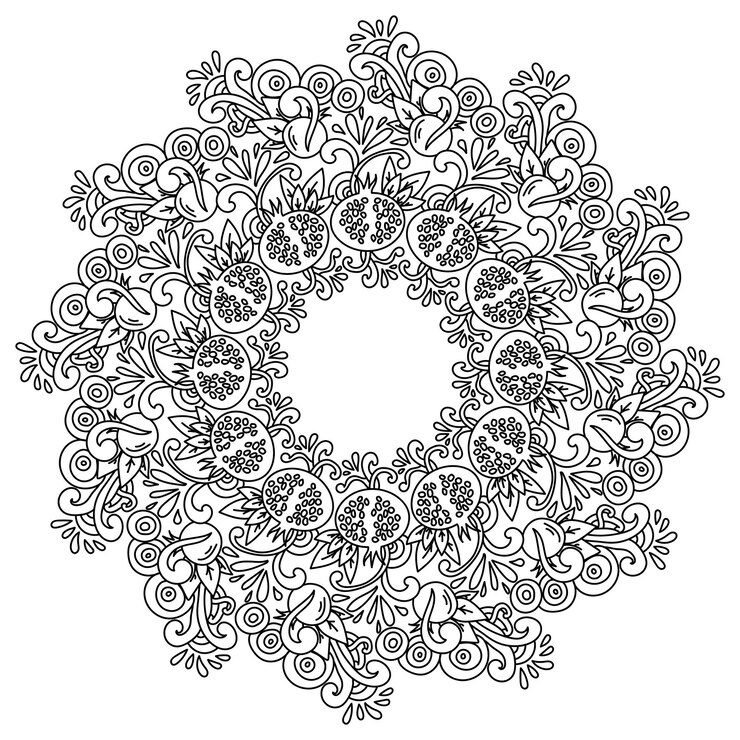 Frutto di melograno in motivi intricati mandala con elementi di frutta da colorare con riccioli di doodle