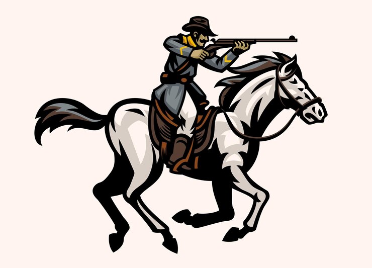 Vettore fucile da tiro dell'esercito confederato della guerra civile mentre si cavalca il cavallo