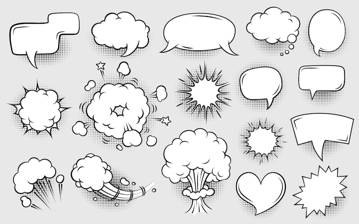 Vettore fumetti fumetti nuvole per effetti sonori schiocchi ed esplosioni set di vettori di palloncini di dialogo