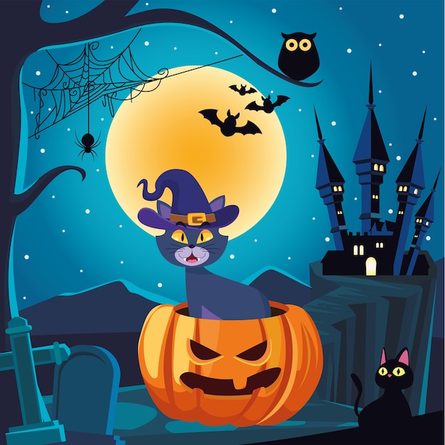 Fumetto del gatto di Halloween sulla zucca davanti al design della casa, vacanze e tema spaventoso