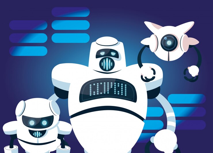 Vettore fumetto del robot di tecnologia sopra il blu