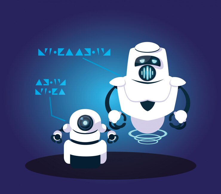 Vettore fumetto del robot di tecnologia sopra il blu
