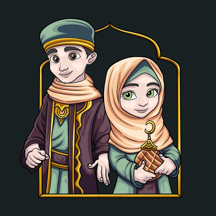 Vettore fumetto dell'illustrazione del ragazzo e della ragazza di ramadan