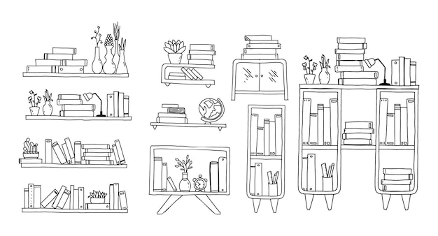 Fumetto disegnato a mano del profilo dello scaffale del libro