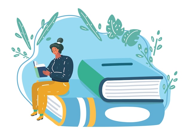 Fumetto illustrazione vettoriale di donna che legge un libro seduto sulla pila di libri.+