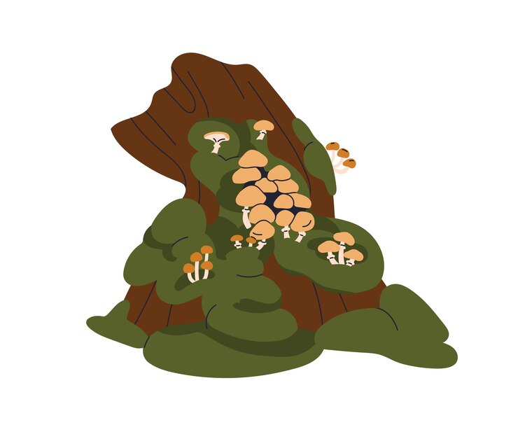 Vettore funghi che crescono sul tronco della foresta grappolo di funghi sul tronco di un albero muschioso natura della stagione autunnale molte funghi commestibili gruppo di crescita raccolta autunnale illustrazione vettoriale piatta isolata su sfondo bianco