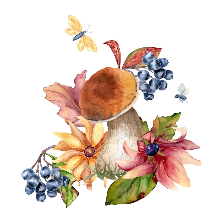 Vettore funghi con cappuccio arancione marrone e chokeberry nero in acquerello isolato composizione forestale di conifoli margherite e piante selvatiche dipinte illustrazione autunnale con fiori e foglie disegnate a mano