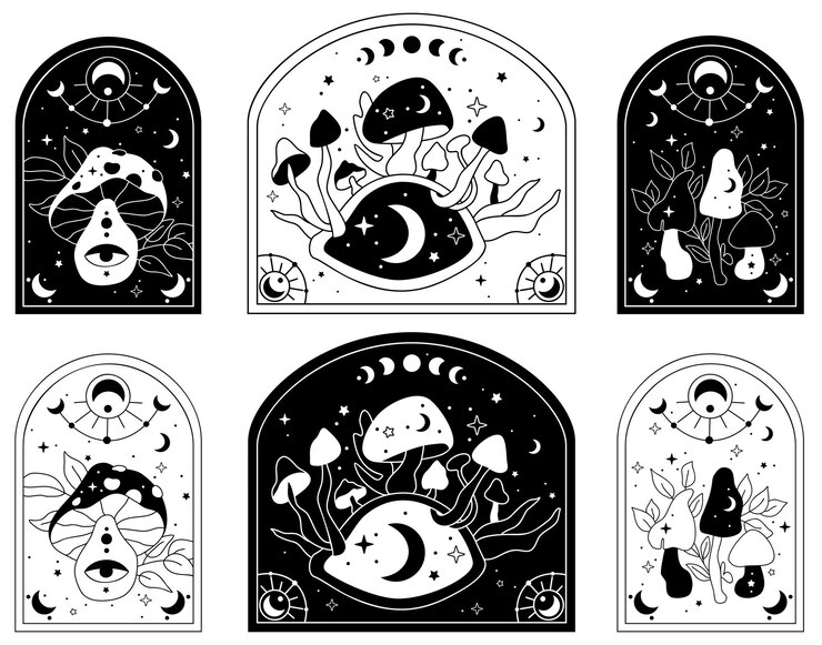 Funghi mistici Clipart esoterico di vettore disegnato a mano