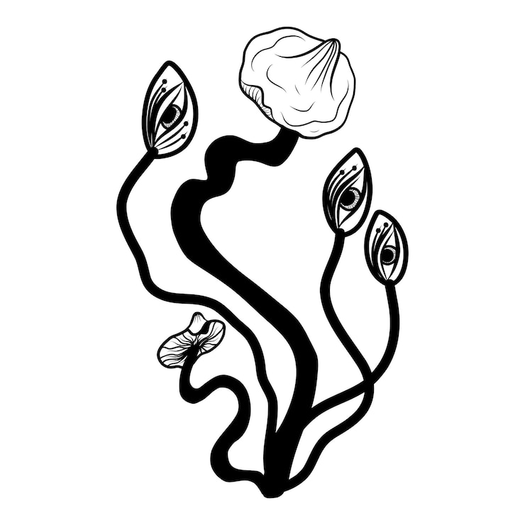 Vettore funghi mistici in silhouette in stile doodle funghi fantastici stravaganti