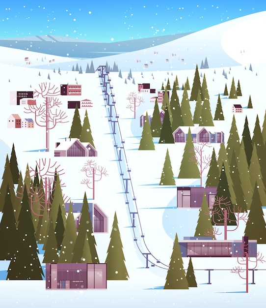funivia in montagne innevate case residenziali area stazione sciistica natale vacanze di capodanno celebrazione vacanze invernali concetto paesaggio sfondo verticale illustrazione vettoriale