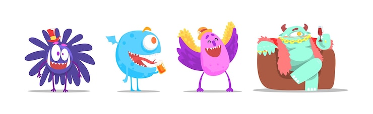 Vettore funny monster character come toothy e hairy mutant con faccia amichevole al set di party vector