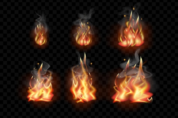 Fuoco ardente 3d ambientato nel design del realismo Fascio di diversi stadi di fiamme con fumo e scintille effetto fiammeggiante bagliori luminosi o fiamme di falò isolati elementi realistici Illustrazione vettoriale